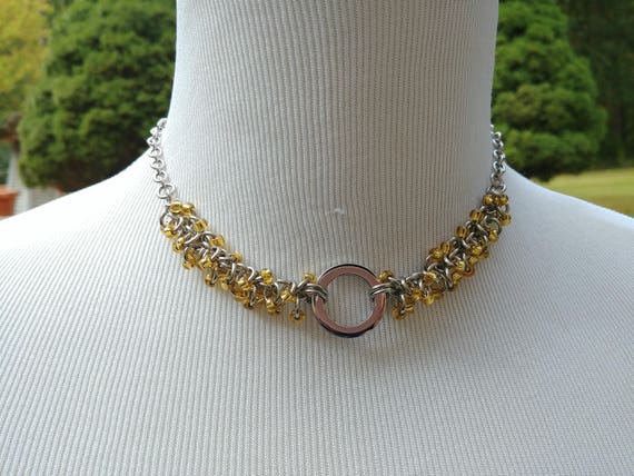 24/7 Wear Discreet Symbolic O Ring Day Collar Necklace, Submissive Slave Collar, DDLG, Stainless Steel with Gold Beaded Shaggy Loops