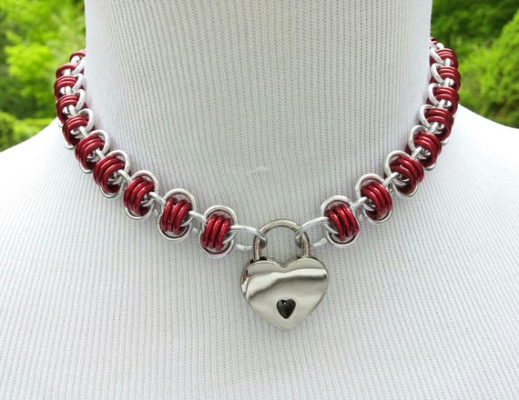 BDSM Discreet Day Collar, Submissive Locking Slave Collar, DDLG, Chainmaille Collar with Color Options, Small Heart Shaped Nickel Padlock