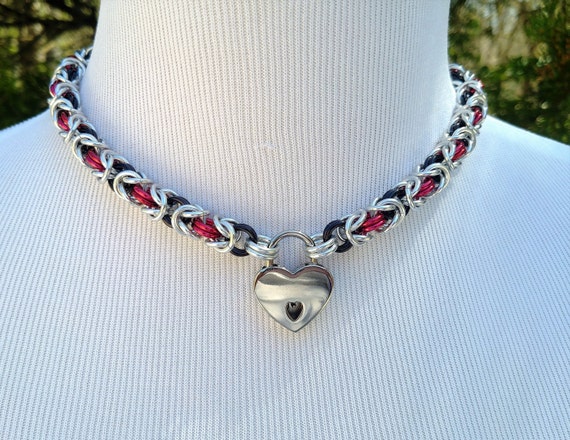 Dual Color BDSM Discreet Day Collar, Submissive Locking Collar with Heart Shaped Nickel Padlock, Kink and Fetish Jewelry, Choose Your Colors