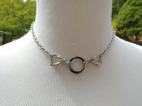 24/7 WEAR Discreet Symbolic O Ring Day Collar Necklace with Hearts, BDSM Submissive Slave Collar, DDLG, Stainless Steel