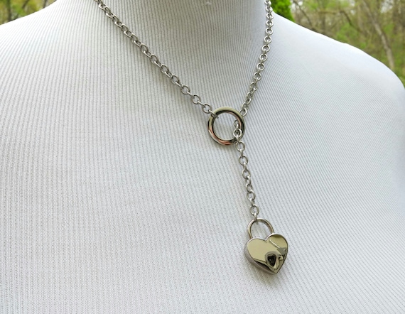 Discreet Locking Lariat Style Day Collar Necklace, BDSM Submissive Slave Collar, DDLG, Stainless Steel with Small Heart Shaped Nickel Lock