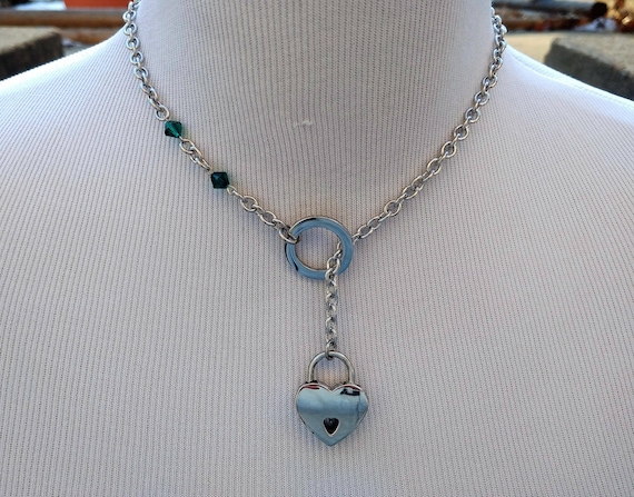 Locking Lariat Style Day Collar Necklace With Swarovski Crystals 9 Colors Available, BDSM Submissive Jewelry, DDLG, Small Heart Nickel Lock
