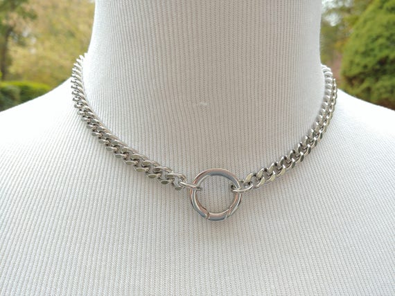24/7 Wear Discreet Symbolic O Ring Day Collar, BDSM Submissive Slave Collar, Stainless Steel Flat Curb Chain and Push Gate Ring Clasp