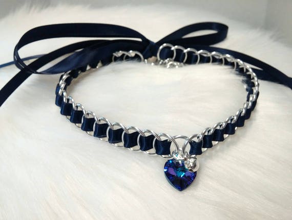 Discreet Ribbon Maille Submissive Day Collar with Swarovski Crystal Heart Pendant and Bell, DDLG, Baby Girl