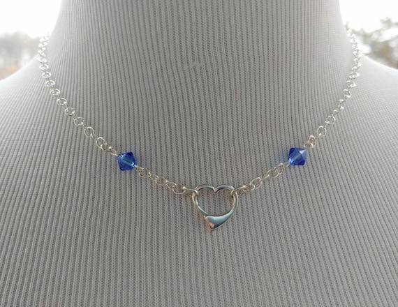 925 Sterling Silver Discreet Symbolic Heart Ring Necklace with Swarovski Crystals 9 Colors Available, BDSM Submissive Day Collar, DDLG