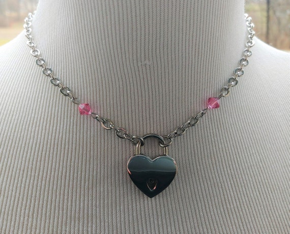 Locking Day Collar Necklace With Swarovski Crystals 9 Colors Available, BDSM Submissive Jewelry, DDLG, Small Heart Nickel Lock