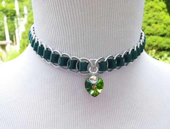 Discreet Ribbon Maille Submissive Day Collar with Swarovski Crystal Heart Pendant and Bell, DDLG, Baby Girl, Many colors available