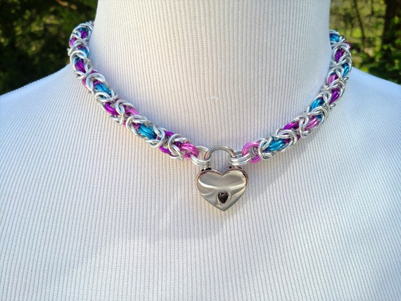 Multi Color BDSM Discreet Day Collar, Submissive Locking Collar and Heart Shaped Nickel Padlock, Kink and Fetish Jewelry, Choose Your Colors