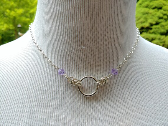 925 Sterling Silver Discreet Symbolic O Ring Necklace, BDSM Submissive Day Collar, DDLG, Eternal Love, Swarovski Crystal Color Options