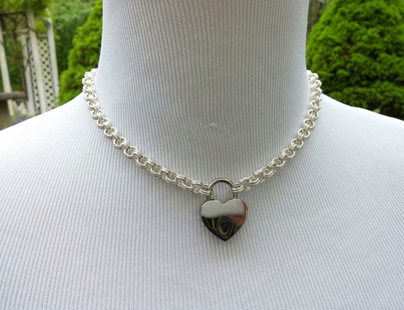 925 Sterling Silver Discreet Locking Day Collar BDSM Submissive Slave Collar with Small Heart Shaped Nickel Padlock