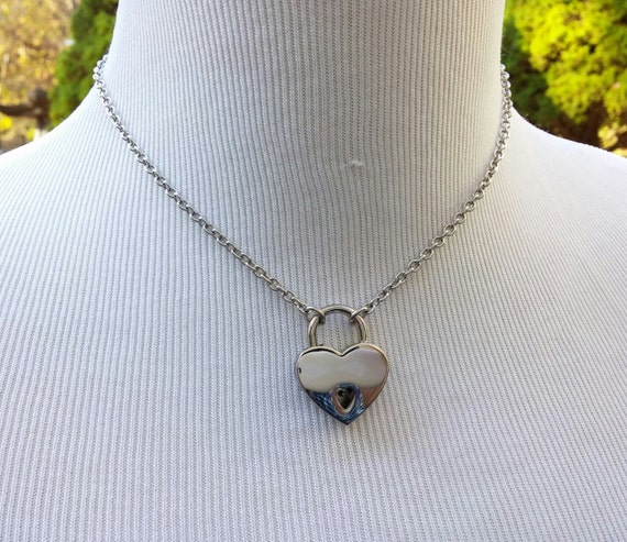 BDSM Discreet Locking Day Collar Necklace, Submissive Slave Collar, Petite Stainless Steel Chain with Small Heart Shape Nickel Padlock, DDLG