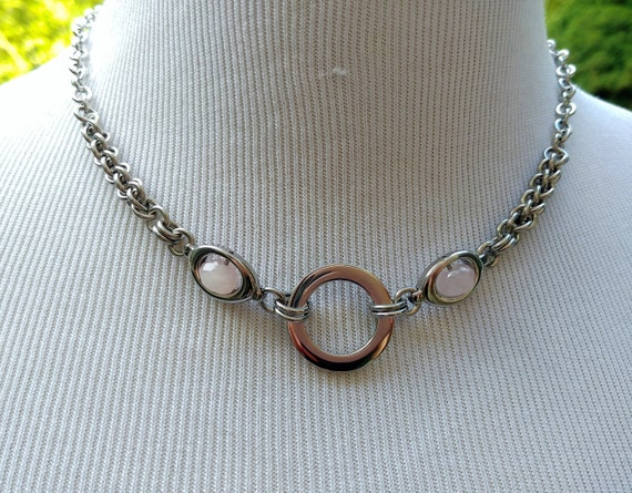 24/7 Wear Discreet Symbolic O Ring Day Collar Necklace, BDSM Submissive Slave Collar, Stainless Steel Chain/Maille Collar Rose Quartz Beads