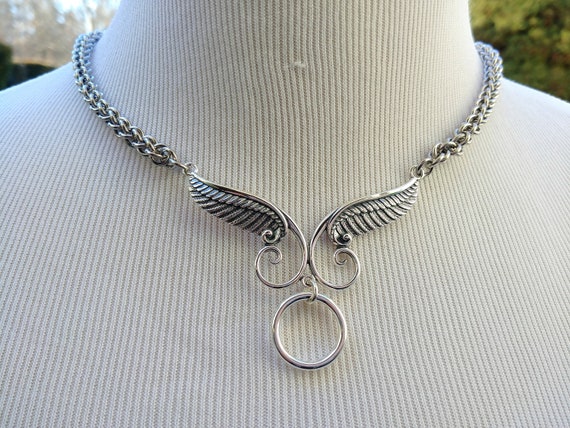 24/7 Wear Discreet Symbolic O Ring Day Collar with Angels Wings, DDLG, Submissve Slave Collar, Stainless Steel and Sterling Silver