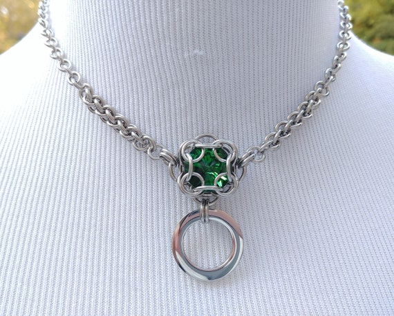 24/7 Wear Discreet Symbolic O Ring Day Collar Necklace with Personalized Swarovski Birthstone Crystal, BDSM Submissive Slave Collar, DDLG