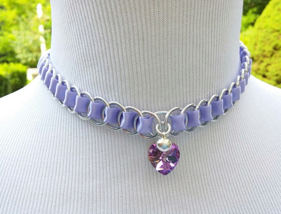 Discreet Ribbon Maille Submissive Day Collar with Swarovski Crystal Heart Pendant and Bell, DDLG, Baby Girl
