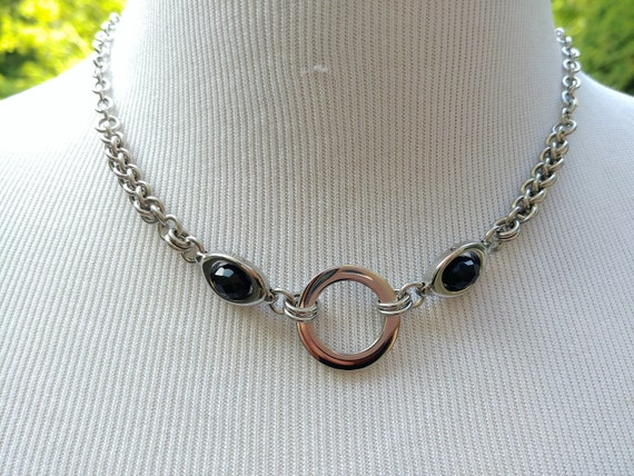 24/7 Wear Discreet Symbolic O Ring Day Collar Necklace, BDSM Submissive Slave Collar, Stainless Steel Chain/Maille Collar Black Glass Bead
