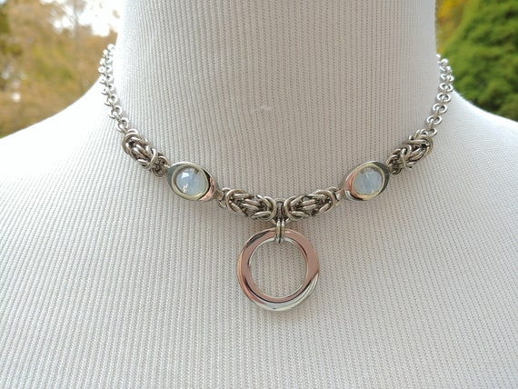 24/7 Wear Discreet Symbolic O Ring Day Collar Necklace, BDSM Submissive Slave Collar, Stainless Steel Collar with Milk Glass Bead