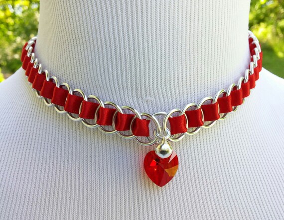 Discreet Ribbon Maille Submissive Day Collar with Swarovski Crystal Heart and Bell, DDLG, Baby Girl