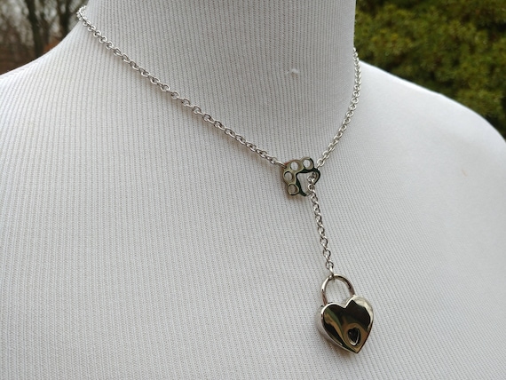 Discreet Locking Lariat Style Paw Print Day Collar, BDSM Pet Play Necklace, DDLG, Stainless Steel with Small Heart Shaped Nickel Lock