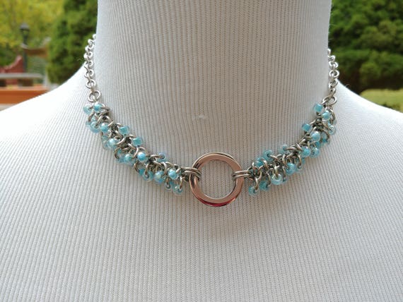 24/7 Wear Discreet Symbolic O Ring Day Collar Necklace, Submissive Slave Collar, DDLG, Stainless Steel with Baby Blue Beaded Shaggy Loops