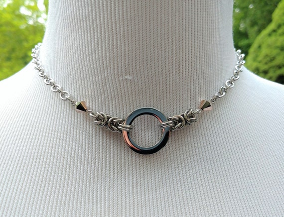 24/7 Wear Discreet Symbolic O Ring Day Collar Necklace with Swarovski Crystal Color Options, BDSM Submissive Slave Collar, DDLG