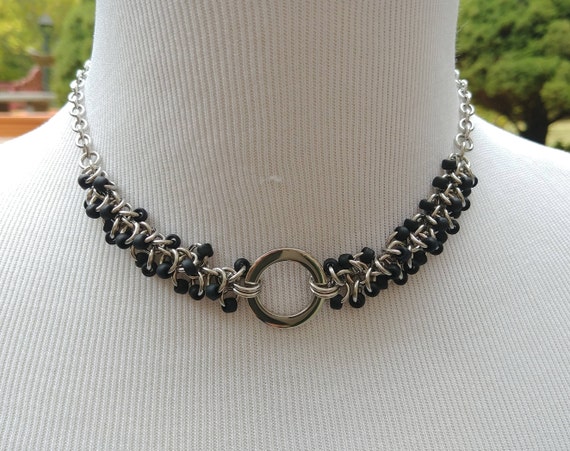 24/7 Wear Discreet Symbolic O Ring Day Collar Necklace, Submissive Slave Collar, DDLG, Stainless Steel with Matte Black Beaded Shaggy Loops