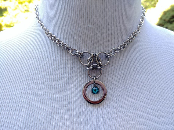 Personalized Birthstone 24/7 Wear Discreet Symbolic O Ring Day Collar Necklace, DDLG, Submissive Slave Collar, Stainless Steel Chain/Maille