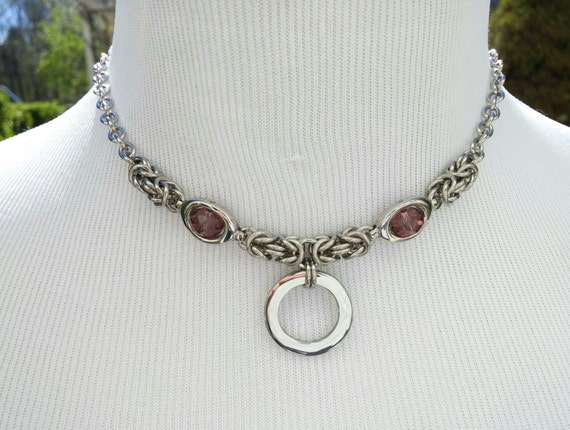 24/7 Wear Discreet Symbolic O Ring Day Collar Necklace, BDSM Submissive Slave Collar, Stainless Steel Chain/Maille Collar with Amethyst Bead