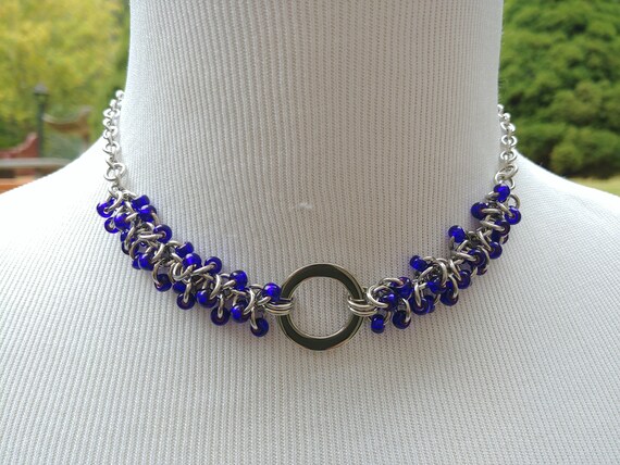 24/7 Wear Discreet Symbolic O Ring Day Collar Necklace, Submissive Slave Collar, DDLG, Stainless Steel with Purple Beaded Shaggy Loops