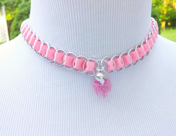 Discreet Ribbon Maille Submissive Day Collar with Swarovski Crystal Heart Pendant and Bell, DDLG, Baby Girl