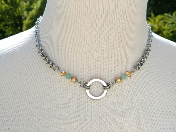 24/7 Wear Discreet Symbolic O Ring Day Collar Necklace with Swarovski Crystal Pearls Cleopatra Blend, BDSM Submissive Slave Collar, DDLG