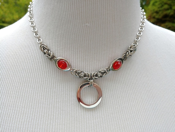 24/7 Wear Discreet Symbolic O Ring Day Collar Necklace, BDSM Submissive Slave Collar, Stainless Steel Chain/Maille Collar RED Beads