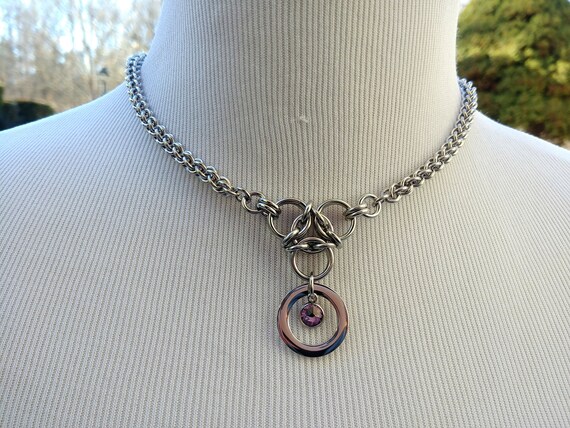 Personalized Birthstone 24/7 Wear Discreet Symbolic O Ring Day Collar, DDLG, Submissive Slave Collar, Stainless Steel Chain/Maille