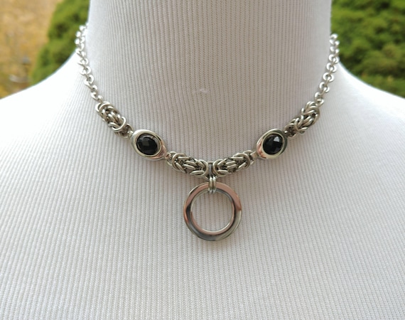 24/7 Wear Discreet Symbolic O Ring Day Collar Necklace, BDSM Submissive Slave Collar, Stainless Steel Chain/Maille Collar with Black Bead