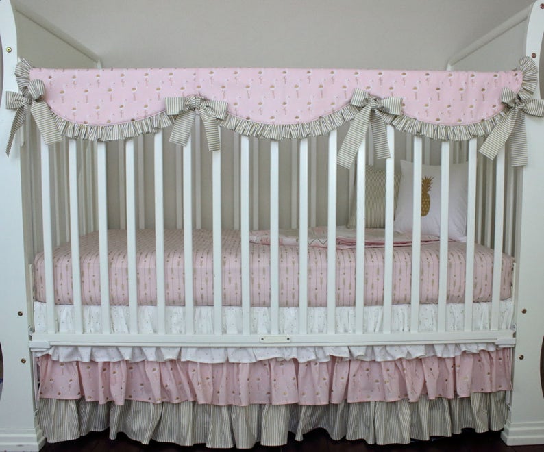 Flamingo Crib Set Pink Gold Nursery Ruffle Skirt Pineapple Arrow Sheet