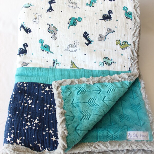 Dinosaur Blanket/ Dinosaur Baby Blanket/ Dinosaur Baby Nursery/ Dinosaur Minky Blanket/ Blue DInosaur Blanket/ Dinosaur Baby Gift