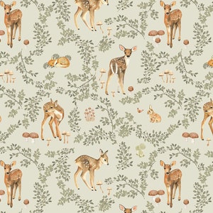 May include: A seamless pattern featuring a light green background with brown and white spotted fawns, green leaves, and brown mushrooms.