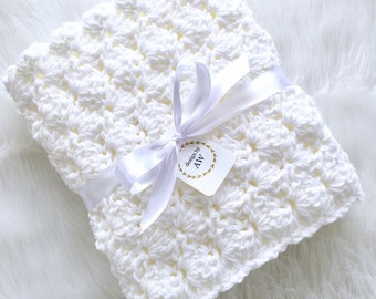 Baby Blanket Crochet- White Baby Afghan- Unisex Crochet Baby Blanket - Gender Neutral Baby Shower Gift - Grey, White, Pink, Linen