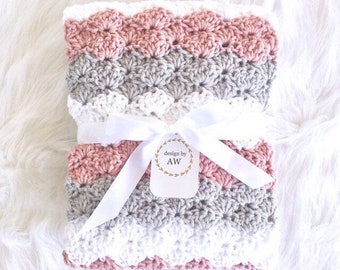 Baby Afghan Crochet - Baby Girl Blanket- Baby Blanket Crochet - Pink Grey White