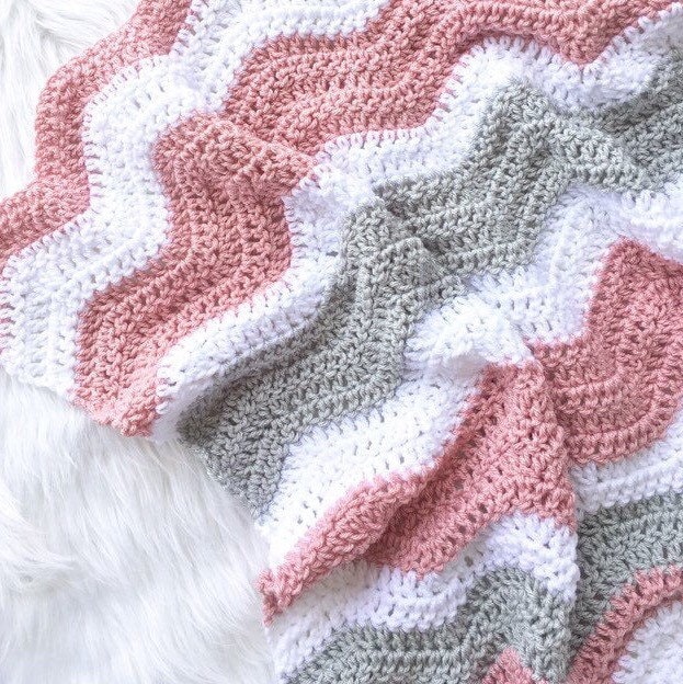 Vintage Handmade Crocheted Pink Stripe Baby Blanket Afghan