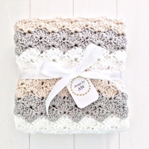 Neutral Crochet Baby Blanket - Baby Gift Basket Ideas - Modern Neutral Crochet Baby Blanket - New Baby Boy or Girl Gift