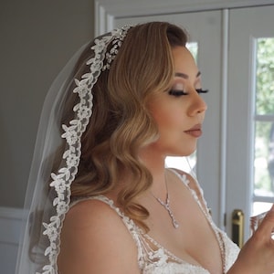 Lace Trim Mantilla Wedding Veil: Soft Tulle, Fingertip to Cathedral