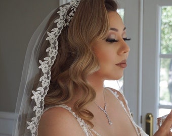 Lace Trim Mantilla Wedding Veil: Soft Tulle, Fingertip to Cathedral