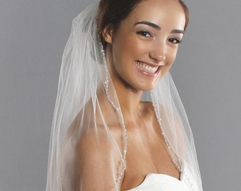 Fingertip Beaded Wedding Veil, Ivory, Diamond/Off White, White, Champagne, Chapel Veil - Fast Shipping!