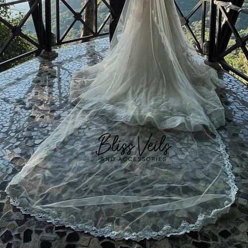 Chapel Wedding Veil with Partial shops Lace Trim - Available in 8 Lengths and Colors!
