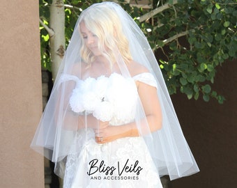 Wedding Veil with Blusher, Simple Cut Edge Bridal Veil, 2 Layer Veil, Fingertip Veil, Soft Drop Veil, Cathedral Length Veil, Fast Shipping!