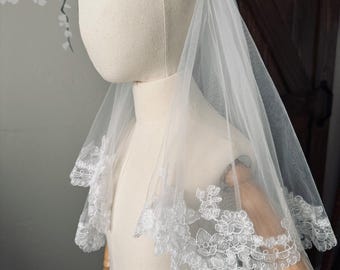 Two-Tier First Communion Veil: Scalloped Lace Edge, Soft Tulle