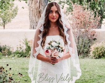 Lace Mantilla Wedding Veil, Waltz Length Veil, Fingertip Veil, Ivory Bridal Veil, 1 Layer Veil, Champagne Veil, Veil with Lace Trim
