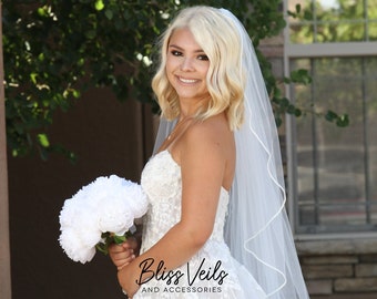 Angel Cut Pearl Edge Wedding Veil, White, Ivory, Fingertip, Cathedral Veil - Fast Shipping!