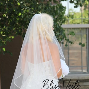 Angel Cut Wedding Veil with Pearl Edge in Soft White or Ivory Fingertip to Cathedral Length Veil Lightweight Sheer Tulle